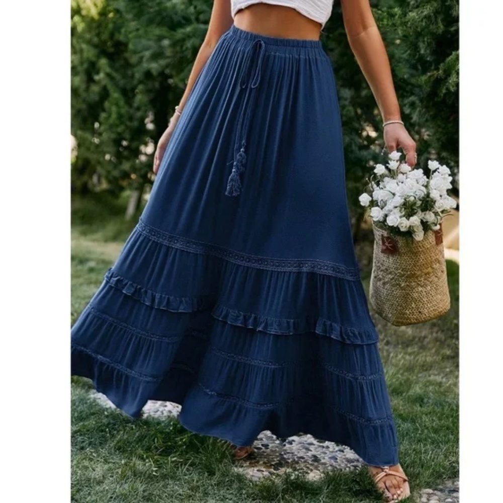 Boho Navy Blue Ruffle Hem Tassel Summer Maxi Skirt - Picture 2 of 12